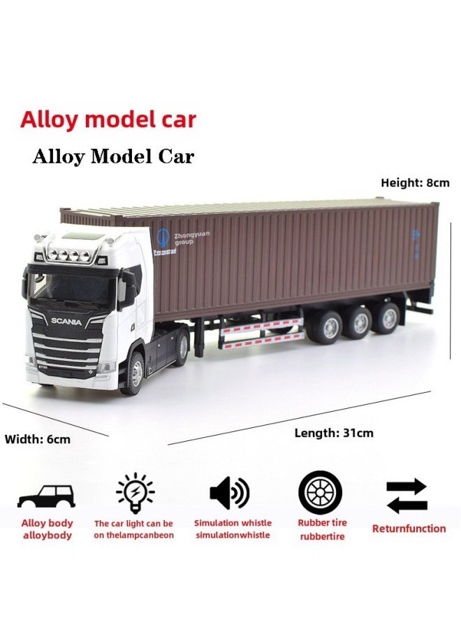 null - Scania Alloy Container Container Car Model Simulation Tractor Semi-trailer Double-deck Transport Toy-Color:White Scania Tractor + Brown COSCO Container Truck - Image 1