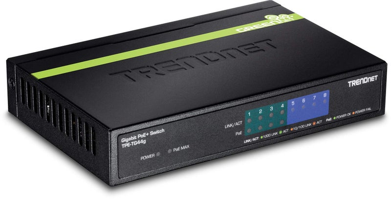 Trendnet مفتاح TRENDnet 8-Port Gigabit PoE+، TPE-TG80G، 8 منافذ Gigabit PoE+، ميزانية طاقة PoE بقوة 123 واط، 16 جيجابت في الثانية، مقسم إيثرنت، متوافق مع NDAA و TAA، معدني، حماية مدى الحياة، أسود - Image 1