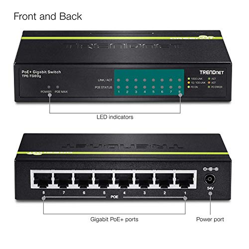 Trendnet مفتاح TRENDnet 8-Port Gigabit PoE+، TPE-TG80G، 8 منافذ Gigabit PoE+، ميزانية طاقة PoE بقوة 123 واط، 16 جيجابت في الثانية، مقسم إيثرنت، متوافق مع NDAA و TAA، معدني، حماية مدى الحياة، أسود - Image 2