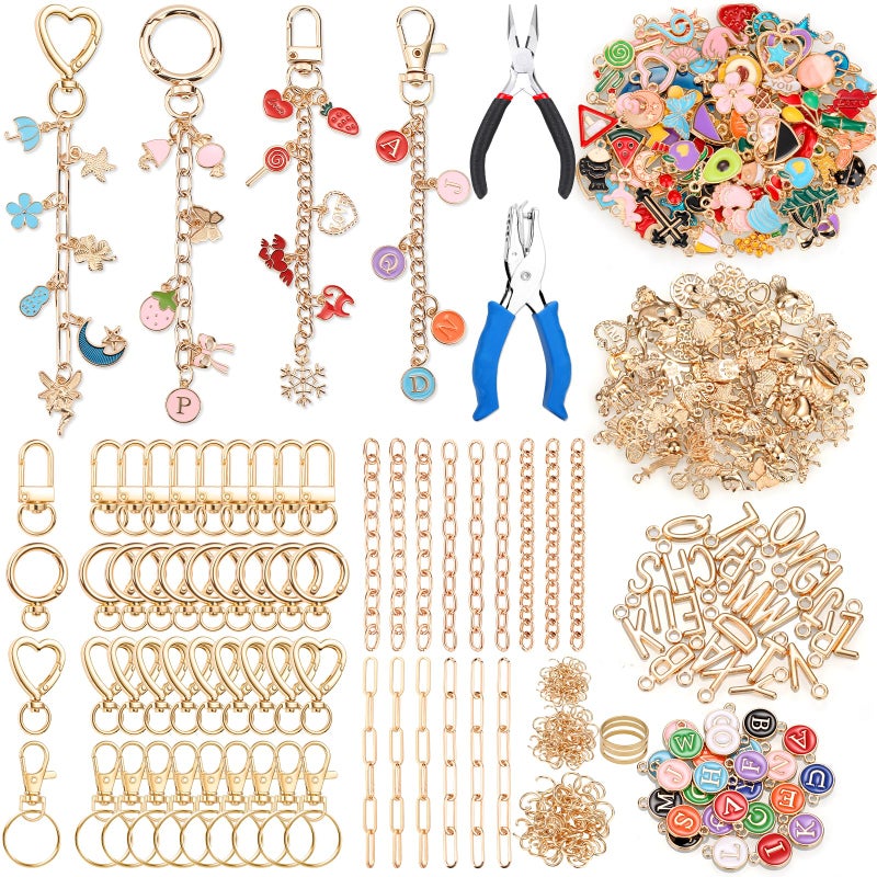 Modacraft 485 Pcs Charms Lip Gloss Keychain Making Kit, DIY Bag Charm Kit Including 40 Key Chain Hooks 30 Extender Chains 212 Gold Charms & Letter 200 Jump Rings 1 Plier and 1 Puncher for Craft Supplies - Image 1