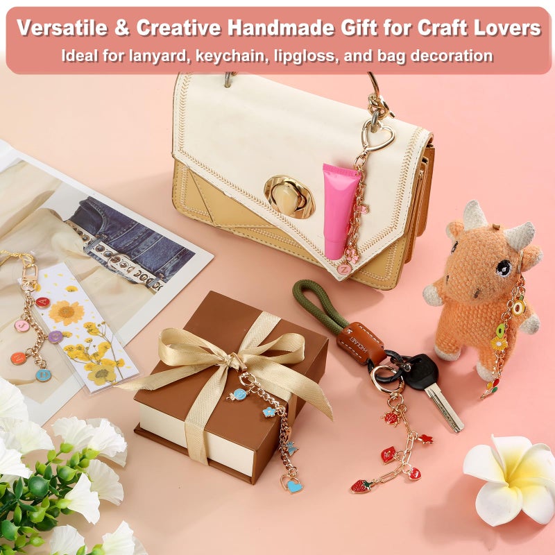 Modacraft 485 Pcs Charms Lip Gloss Keychain Making Kit, DIY Bag Charm Kit Including 40 Key Chain Hooks 30 Extender Chains 212 Gold Charms & Letter 200 Jump Rings 1 Plier and 1 Puncher for Craft Supplies - Image 5
