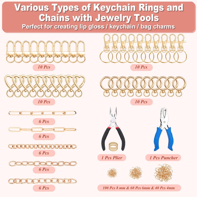 Modacraft 485 Pcs Charms Lip Gloss Keychain Making Kit, DIY Bag Charm Kit Including 40 Key Chain Hooks 30 Extender Chains 212 Gold Charms & Letter 200 Jump Rings 1 Plier and 1 Puncher for Craft Supplies - Image 3