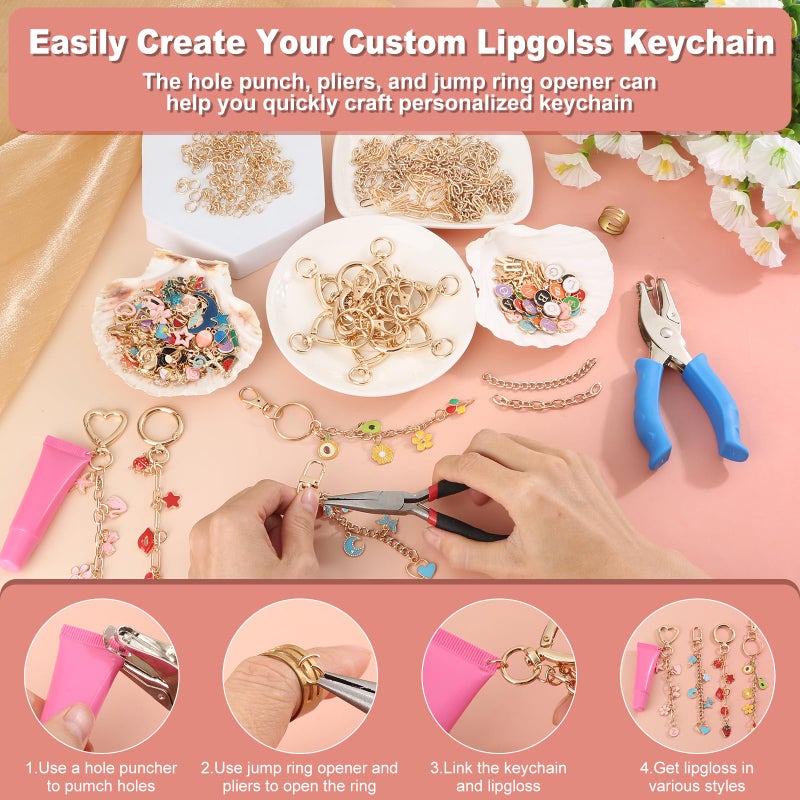 Modacraft 485 Pcs Charms Lip Gloss Keychain Making Kit, DIY Bag Charm Kit Including 40 Key Chain Hooks 30 Extender Chains 212 Gold Charms & Letter 200 Jump Rings 1 Plier and 1 Puncher for Craft Supplies - Image 4