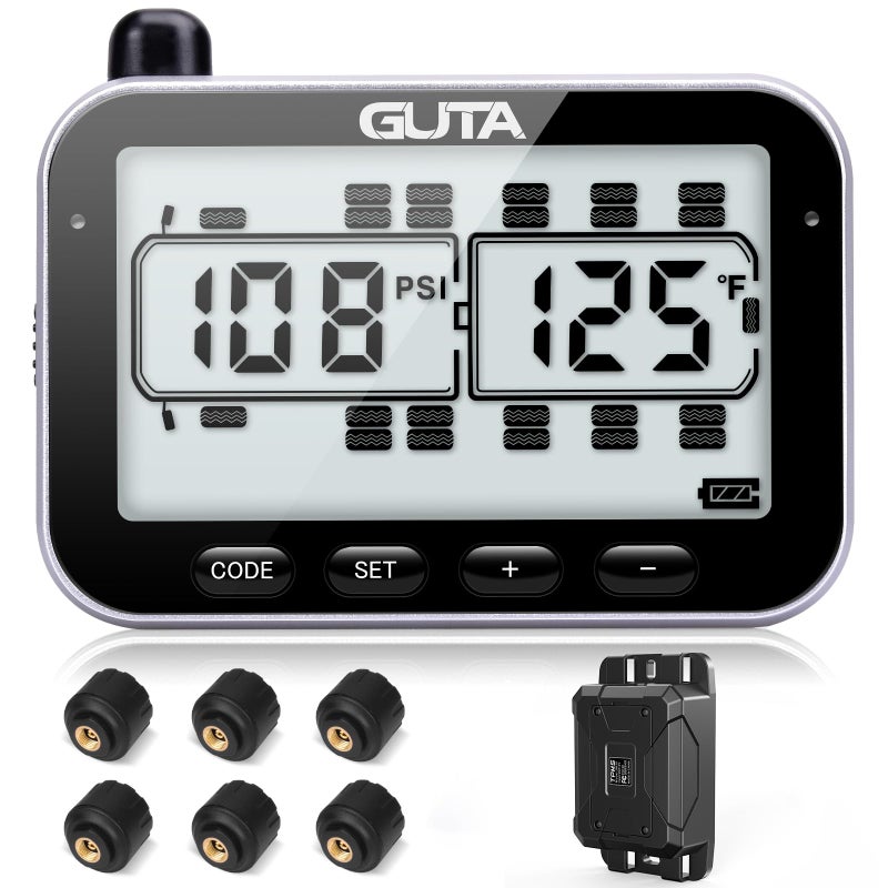 GUTA RV Tire Pressure Monitoring System RV TPMS 6 Sensors 7 Alarm Modes 14 Days Battery Life 80ft Sensing Distance Large Screen for RV Trailer Coach Motor Home Fifth Wheel 0188psi