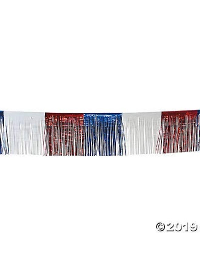 Fun Express Foil Patriotic Fringe for Fourth of July Party Decorations - 24 Ft Foil Fringe for Quick Decor - Make Your Parade Decorations with Red, White, & Blue - Durable Metallic Fringe, Quick Setup - Image 1