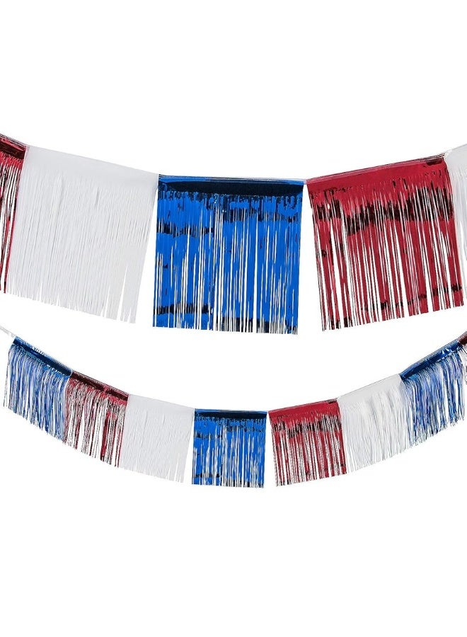 Fun Express Foil Patriotic Fringe for Fourth of July Party Decorations - 24 Ft Foil Fringe for Quick Decor - Make Your Parade Decorations with Red, White, & Blue - Durable Metallic Fringe, Quick Setup - Image 2