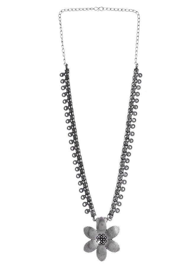 Naman Arts Oxidised Long Chain Pendant Necklace for Women | Antique Engraved Disc Charm | Pure Brass Lightweight Ethnic Boho Necklace (Elegant Floral Pendant) - Image 2