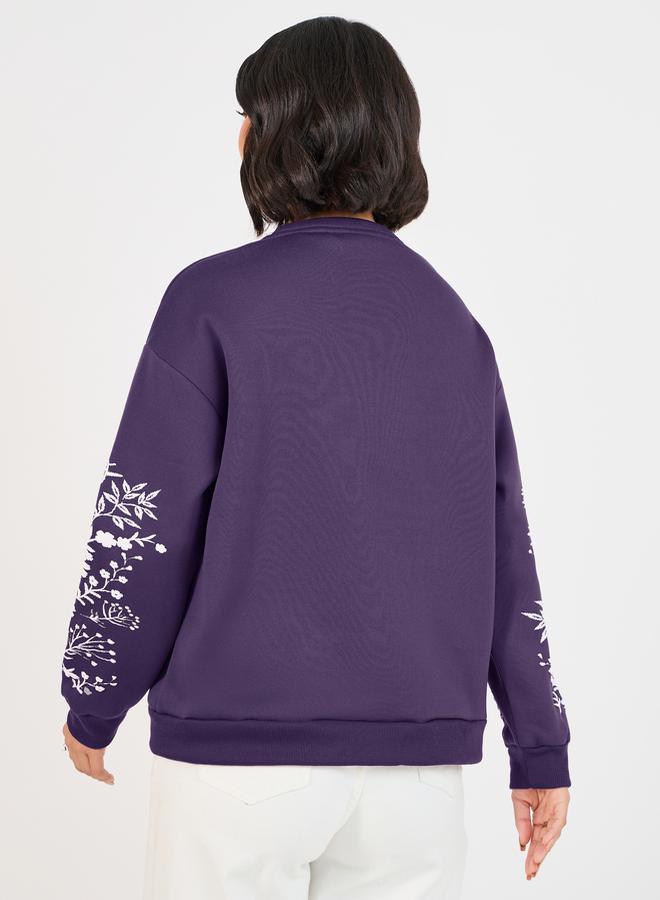 ستايلي سويت شيرت بأكمام مطبعة بزهور وأكتاف منخفضة - Image 4