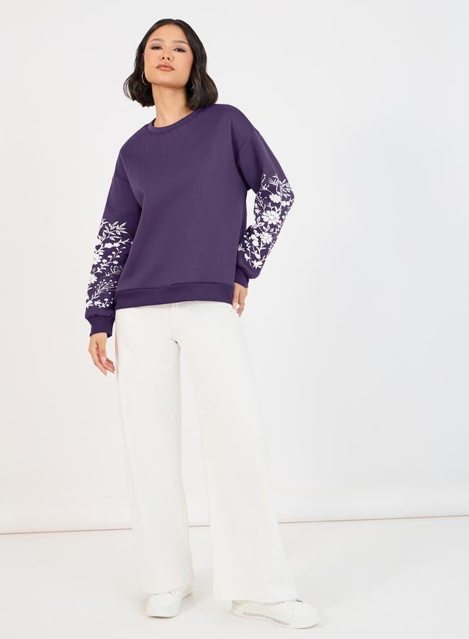 ستايلي سويت شيرت بأكمام مطبعة بزهور وأكتاف منخفضة - Image 2