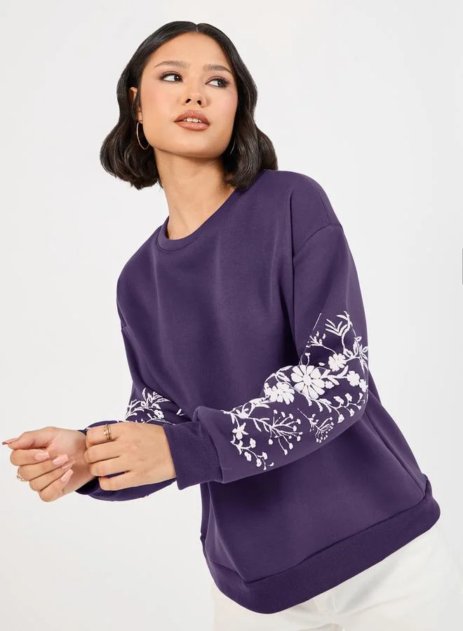 Floral Sleeve Print Dropped Shoulder Sweatshirt