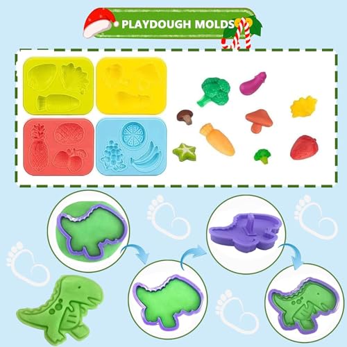 Jaeespon Dough Tools Play for Kids-Dough Accessories Molds Dinosaur Fruit Roller Cutter Scissor and Storage Box, Party Favors Set for Age 3+ - Image 3