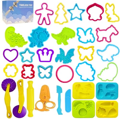 Jaeespon Dough Tools Play for Kids-Dough Accessories Molds Dinosaur Fruit Roller Cutter Scissor and Storage Box, Party Favors Set for Age 3+ - Image 1