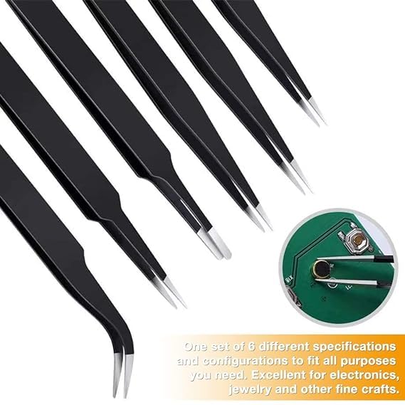 Generic 6 Pcs Precision Multifunction Tweezers Set Upgraded Professional AntiStatic Tweezers for Electronics Crafting Jewellery Tool Kit Stainless Steel  - Image 2