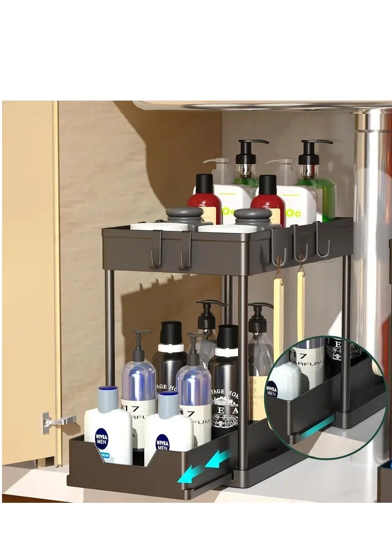 منظم خزانة منزلق مع 5 خطافات، رف تخزين قابل للسحب من طبقتين أسفل الحوض لتنظيم أدوات التنظيف المنزلية، تصميم متعدد الطبقات بدون ثقب للمطبخ والحمام والمكتب (أسود) - Image 1