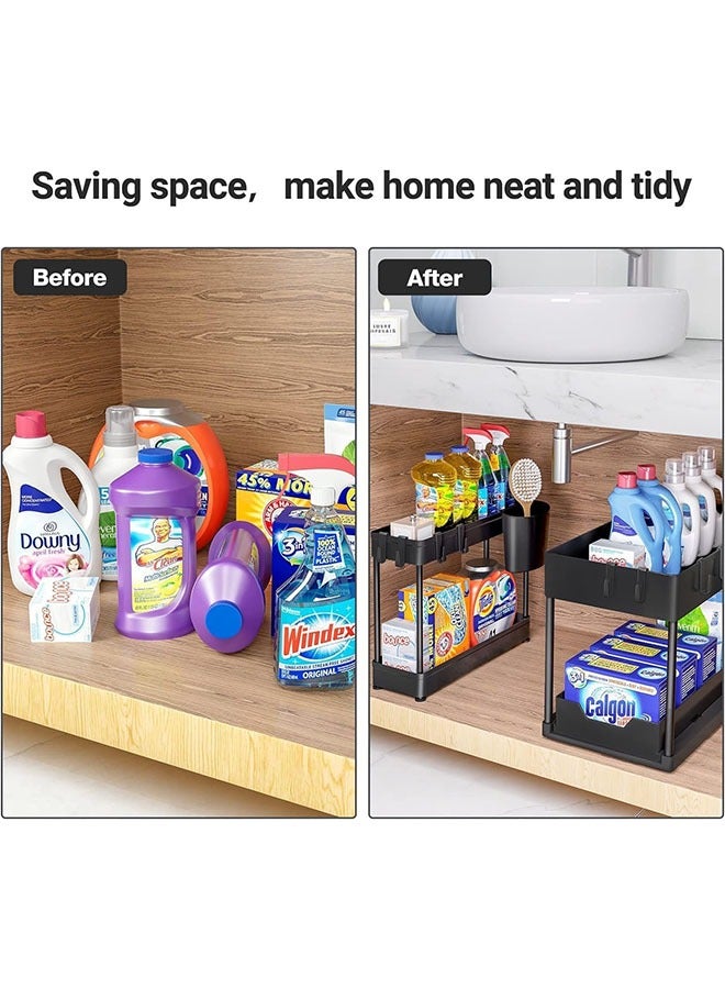 منظم خزانة منزلق مع 5 خطافات، رف تخزين قابل للسحب من طبقتين أسفل الحوض لتنظيم أدوات التنظيف المنزلية، تصميم متعدد الطبقات بدون ثقب للمطبخ والحمام والمكتب (أسود) - Image 4