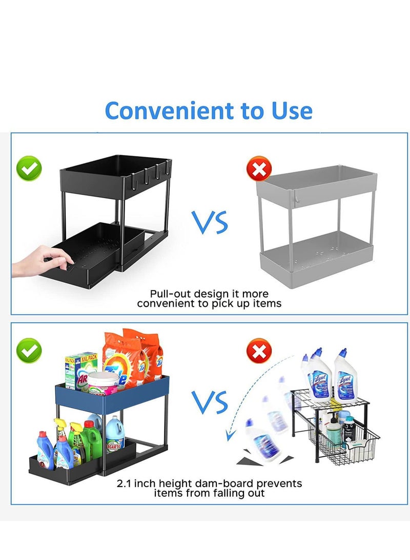 منظم خزانة منزلق مع 5 خطافات، رف تخزين قابل للسحب من طبقتين أسفل الحوض لتنظيم أدوات التنظيف المنزلية، تصميم متعدد الطبقات بدون ثقب للمطبخ والحمام والمكتب (أسود) - Image 3