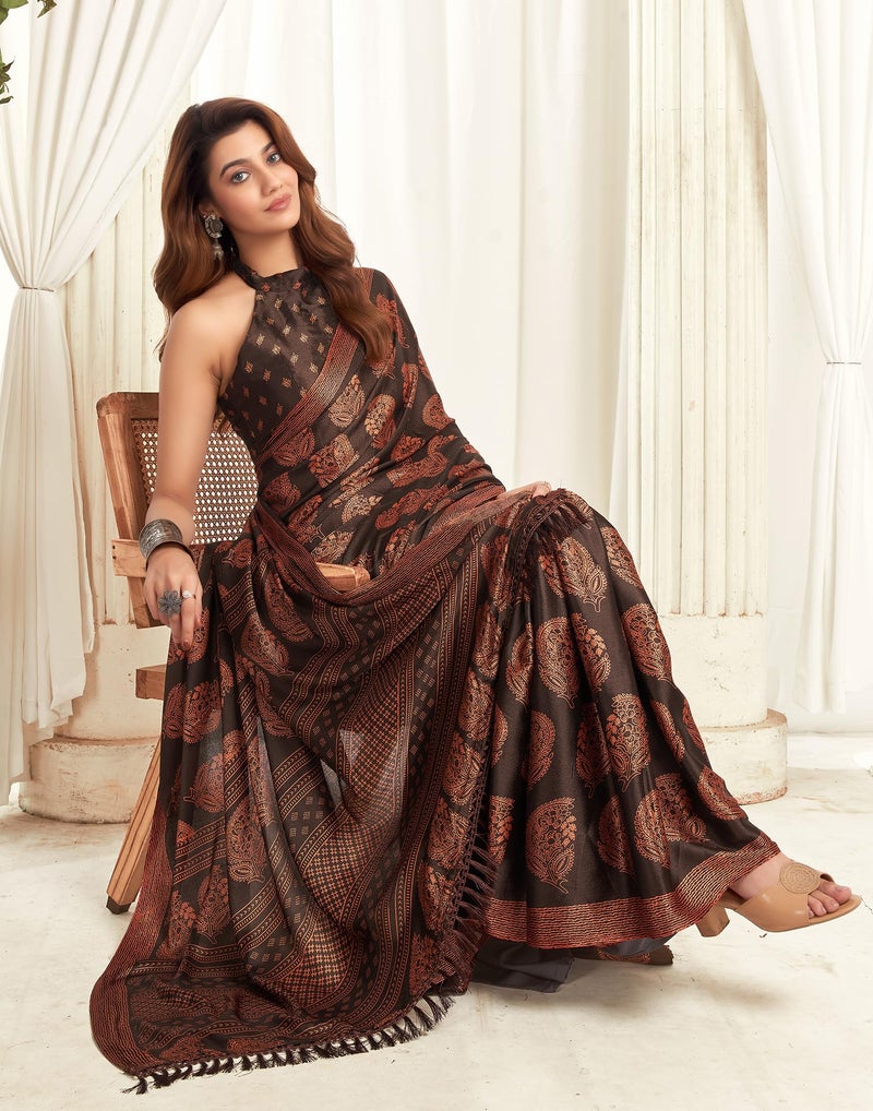 SIRIL Women's Satin Georgette Printed Saree With Unstitched Blouse Piece (3870S127_Brown) - Image 4