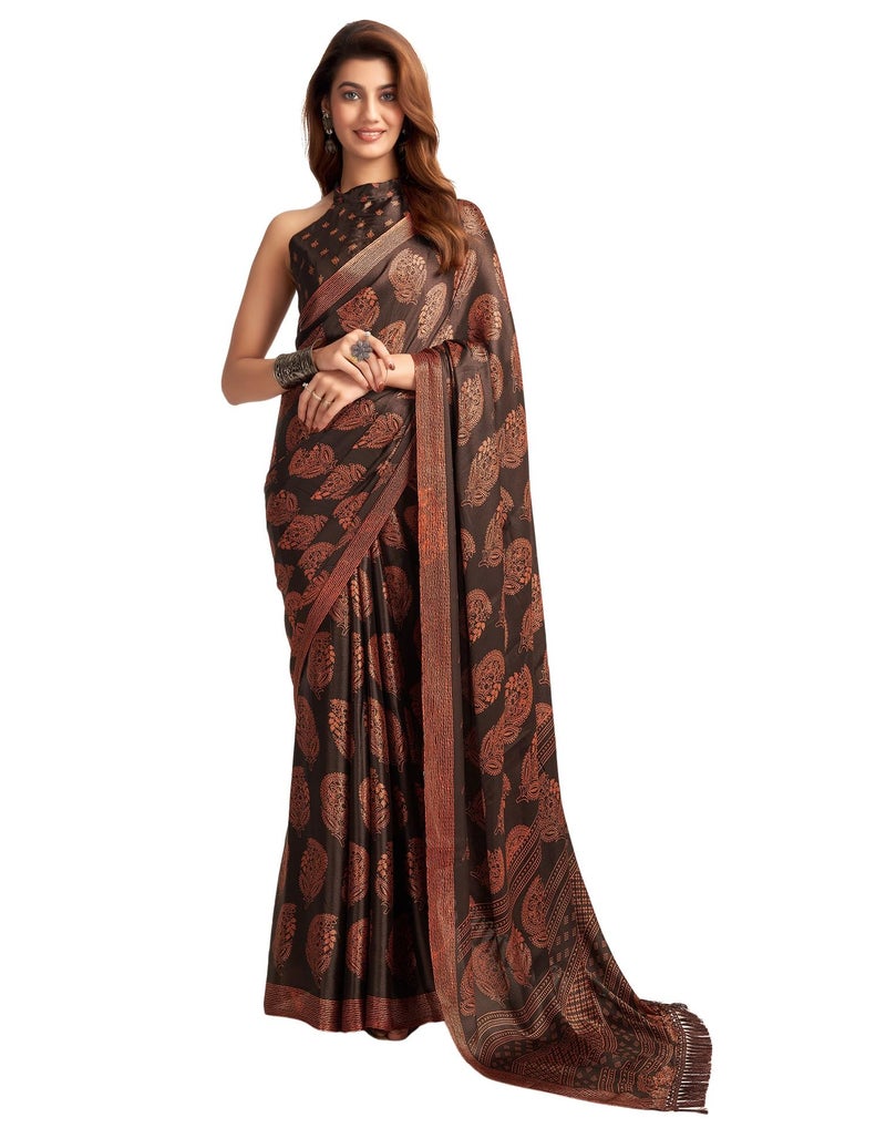 SIRIL Women's Satin Georgette Printed Saree With Unstitched Blouse Piece (3870S127_Brown) - Image 1
