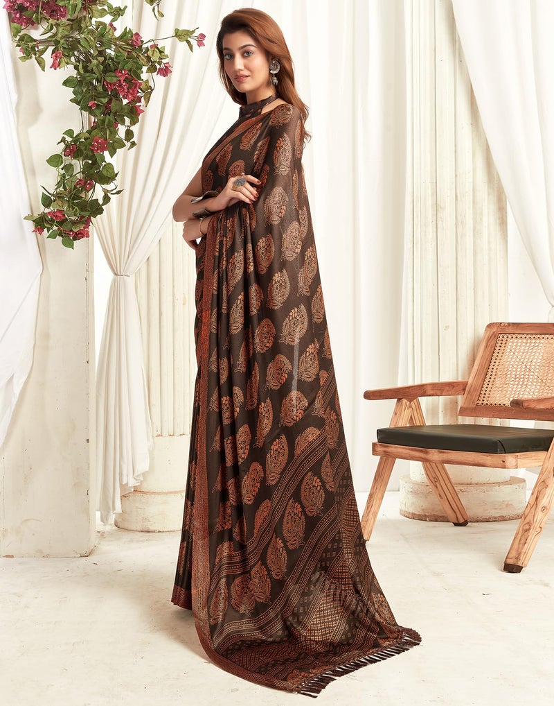 SIRIL Women's Satin Georgette Printed Saree With Unstitched Blouse Piece (3870S127_Brown) - Image 2