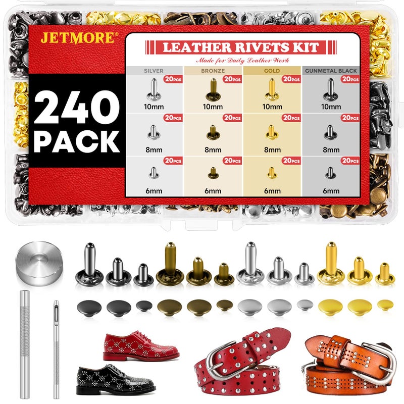 240 Sets Leather Rivets Kit Double Cap Brass Rivets Leather Studs with 3PCS Setting Tools for Leather Repair and Crafts 4 Colors and 3 Sizes
