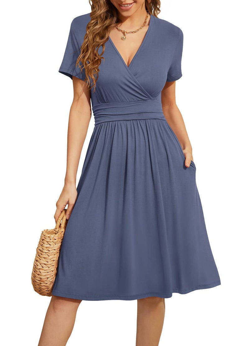 WEACZZY Womens Summer Casual Dress Short Sleeve V-Neck Knee Length Dresses for Women,Purple Gray,XL - Image 1
