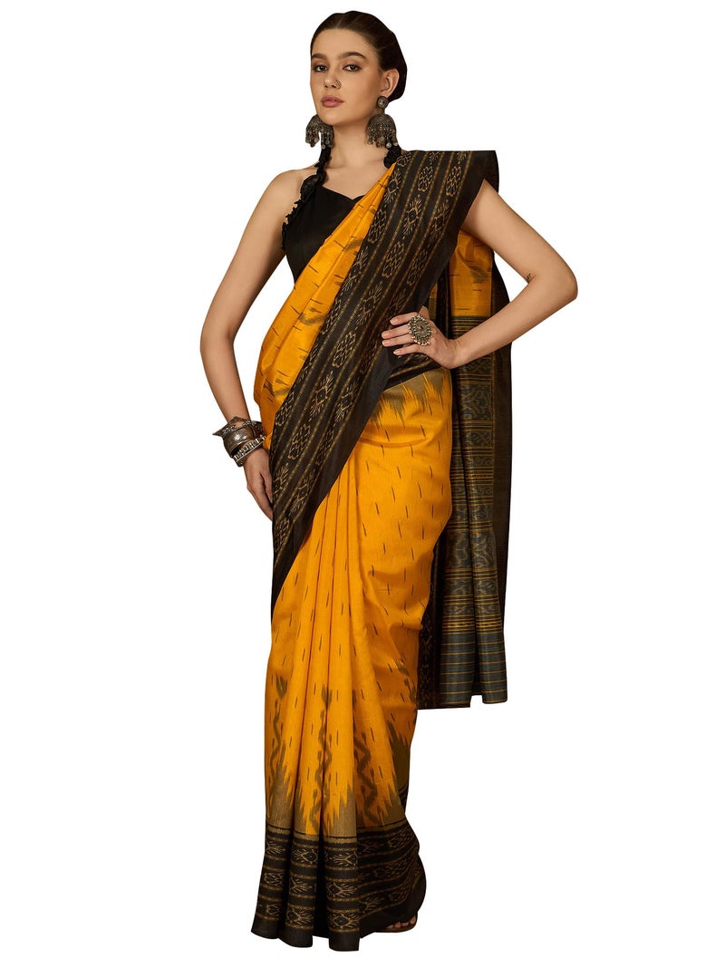 saree mall ساري مول للنساء - ساري بهاغالبوري من الحرير الأصفر بنقشة إيكات مع بلوزة غير مخيطة (34WOM34902_HS) - Image 1