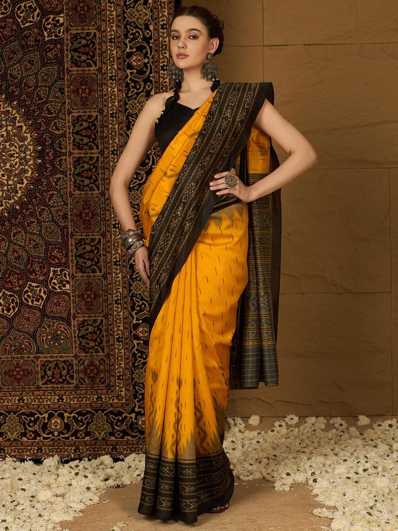 saree mall ساري مول للنساء - ساري بهاغالبوري من الحرير الأصفر بنقشة إيكات مع بلوزة غير مخيطة (34WOM34902_HS) - Image 3