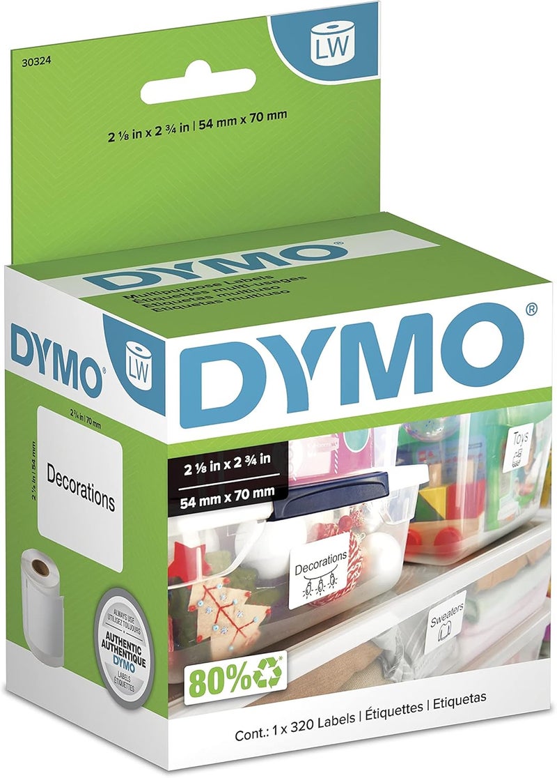 Dymo ملصقات LW الكبيرة متعددة الأغراض الأصلية، ملصقات لطابعات ملصقات LabelWriter، 2-1/8" × 2-3/4"، لفة واحدة تحتوي على 320 ملصق - Image 1