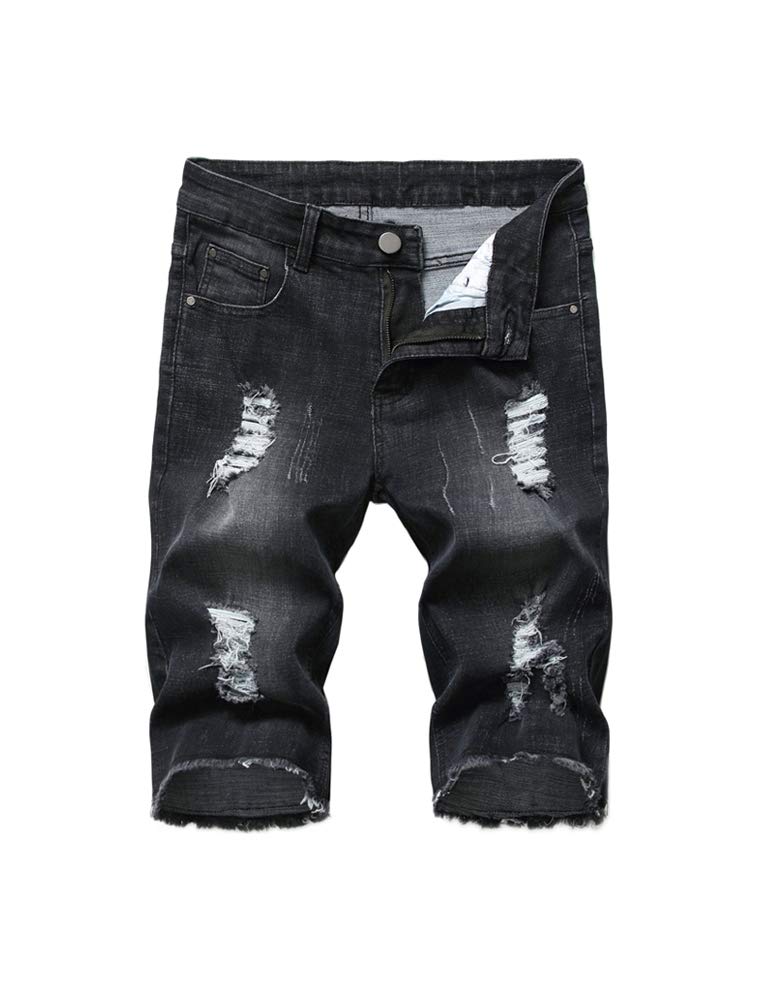 PASOK Men's Casual Denim Shorts Distressed Stretchy Jeans Shorts Ripped Short Pants 1208 34