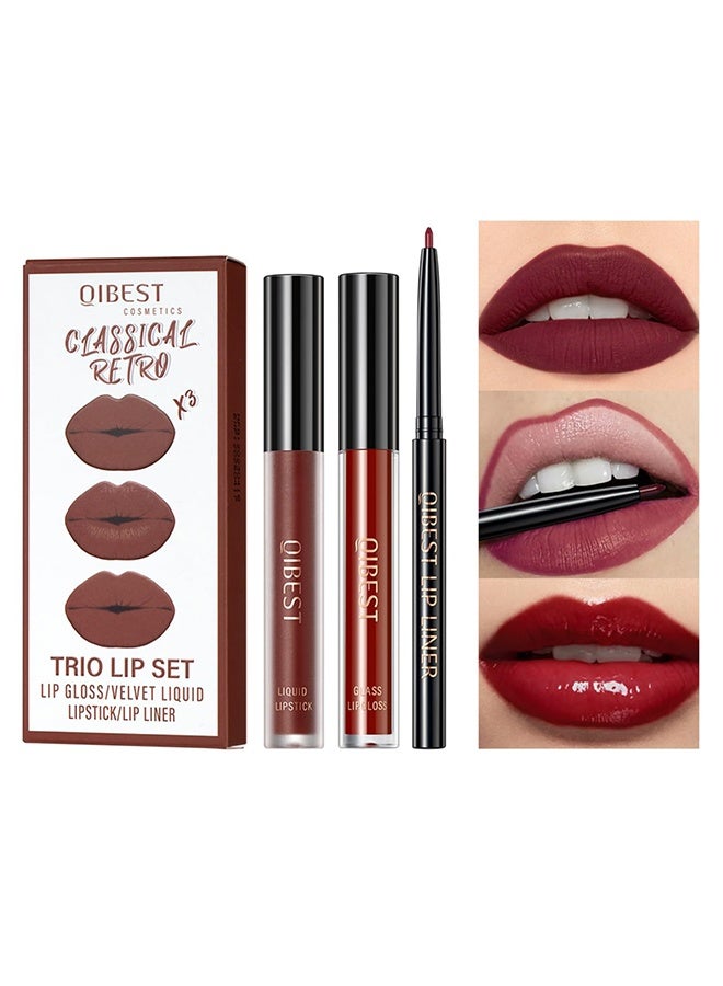 QiBest Trio Lip Set Lip Gloss/Velvet Liquid Lipstick/Lip Liner ,Liquid Lipstick Moisturizing Lip Gloss Creamy Lip Liner  Deep Red - color 10 - Image 1