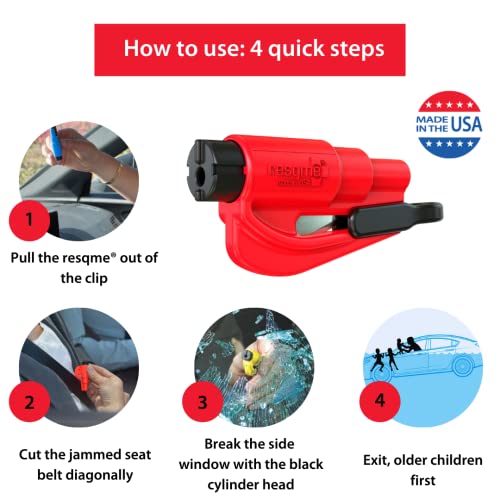 resqme The Original Emergency Keychain Car Escape Tool, 2-in-1 Seatbelt Cutter and Window Breaker, Made in USA, Family Pack of 3, Black, Blue, Yellow - Compact Emergency Hammer - Image 3