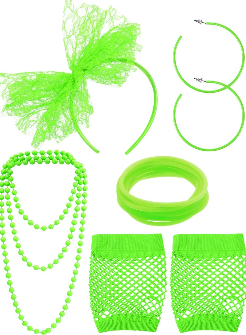 80s Fancy Dress Costume Accessories Lace Headband Earrings Fishnet Gloves Necklace Bracelet for Retro Party, Fluorescent Green - Image 1