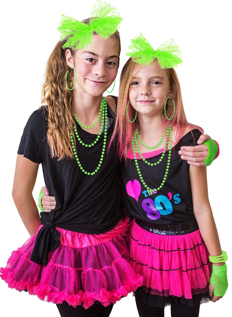 80s Fancy Dress Costume Accessories Lace Headband Earrings Fishnet Gloves Necklace Bracelet for Retro Party, Fluorescent Green - Image 2