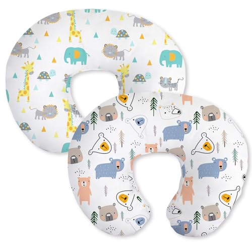 Little Grape Land Nursing Pillow Covers 2 Pack, Soft & Breathable Removable Breastfeeding Pillows Covers for Feeding Pillows, Nursing Pillow Slipcover for Baby Girls Boys, (Animal & Bear