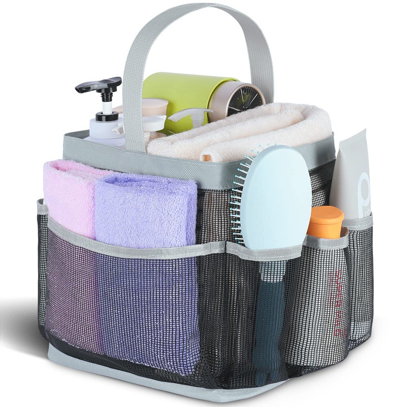 Eudele Mesh Shower Caddy Caddy Portable for College Cling Room Essentials مع قدرة كبيرة من 8 جيبات على شاطئ السباحة الصالة الرياضية الرمادية الرمادية