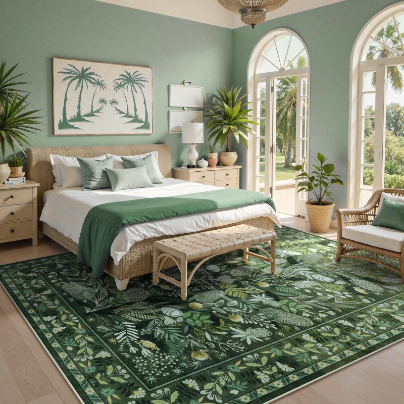 Anidaroel Green Botanical Area Rugs 9x12 Living Room, Washable Large Rugs for Bedroom Non-Slip Soft Modern Rug, Stain Resistant Dining Room Mat Indoor Carpet for Entryway Home Office - Image 3