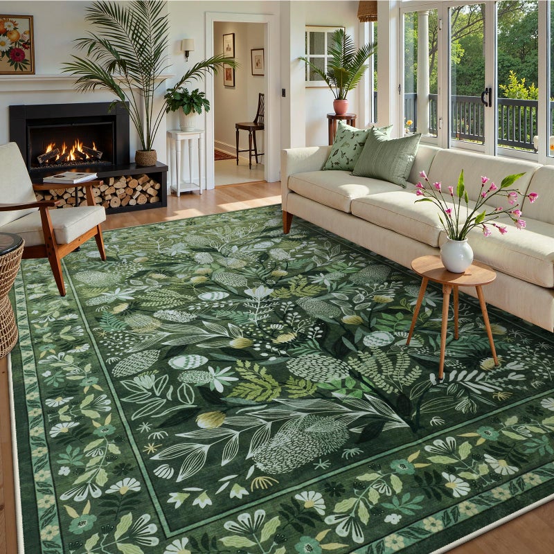 Anidaroel Green Botanical Area Rugs 9x12 Living Room, Washable Large Rugs for Bedroom Non-Slip Soft Modern Rug, Stain Resistant Dining Room Mat Indoor Carpet for Entryway Home Office - Image 1