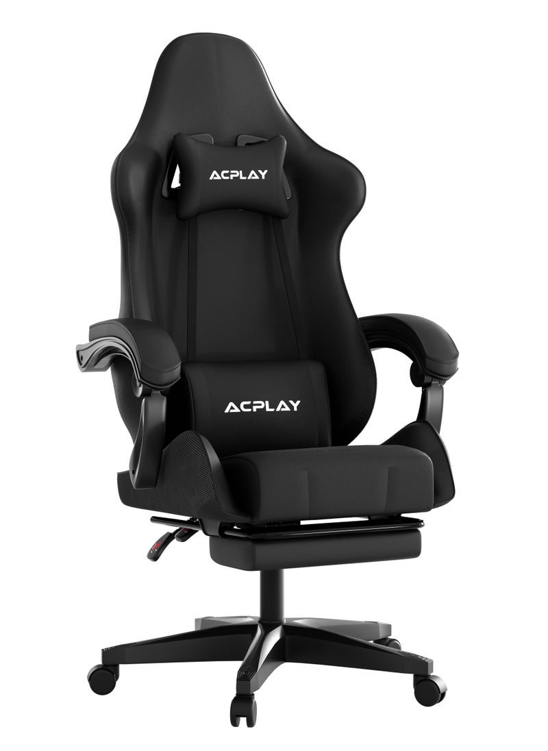 ACPLAY - Gaming Chair with Retractable Footrest, Ergonomic Design, High Back, Reclining Function, Height adjustible, Neck and Lumbar Support, Silent Casters - Ideal for Racing, Office, and Computer Use Black - Image 1