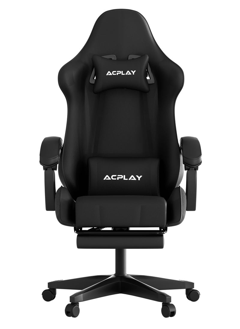 ACPLAY - Gaming Chair with Retractable Footrest, Ergonomic Design, High Back, Reclining Function, Height adjustible, Neck and Lumbar Support, Silent Casters - Ideal for Racing, Office, and Computer Use Black - Image 1