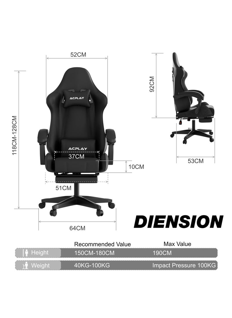 ACPLAY - Gaming Chair with Retractable Footrest, Ergonomic Design, High Back, Reclining Function, Height adjustible, Neck and Lumbar Support, Silent Casters - Ideal for Racing, Office, and Computer Use Black - Image 1