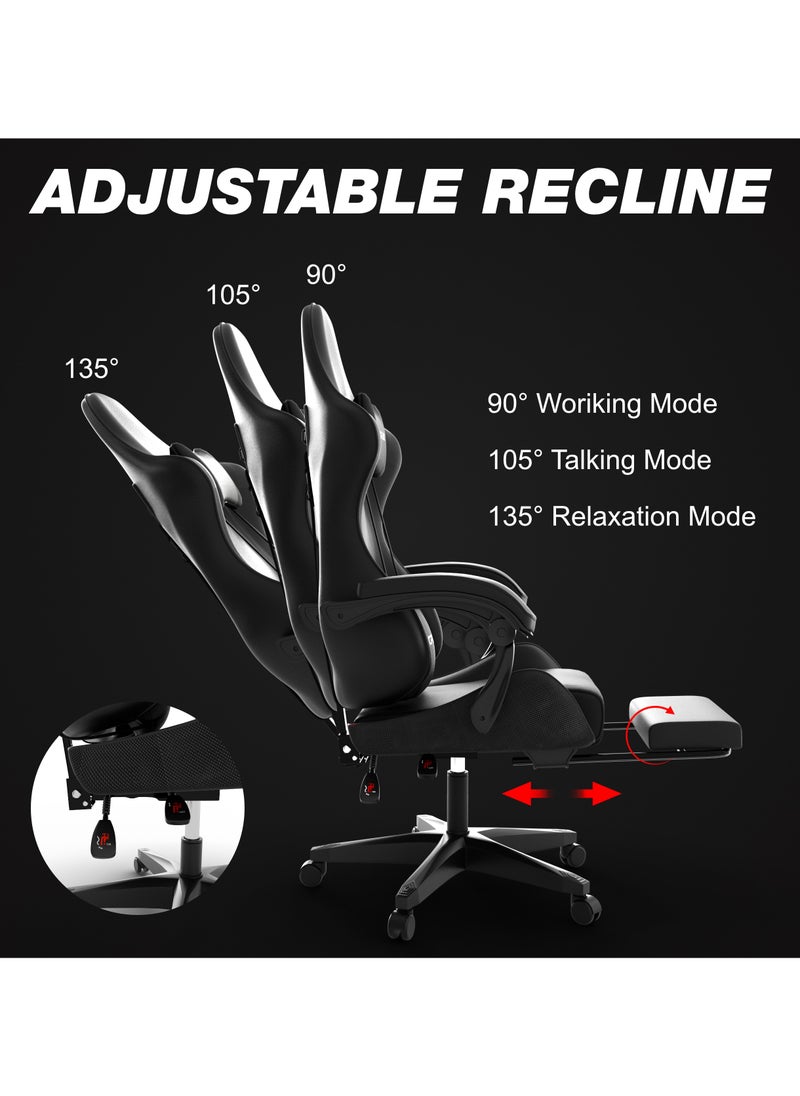 ACPLAY - Gaming Chair with Retractable Footrest, Ergonomic Design, High Back, Reclining Function, Height adjustible, Neck and Lumbar Support, Silent Casters - Ideal for Racing, Office, and Computer Use Black - Image 1