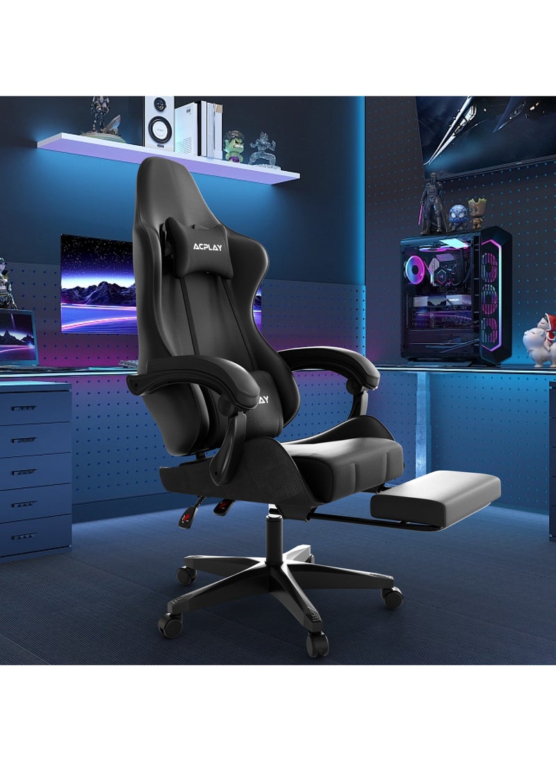 ACPLAY - Gaming Chair with Retractable Footrest, Ergonomic Design, High Back, Reclining Function, Height adjustible, Neck and Lumbar Support, Silent Casters - Ideal for Racing, Office, and Computer Use Black - Image 1