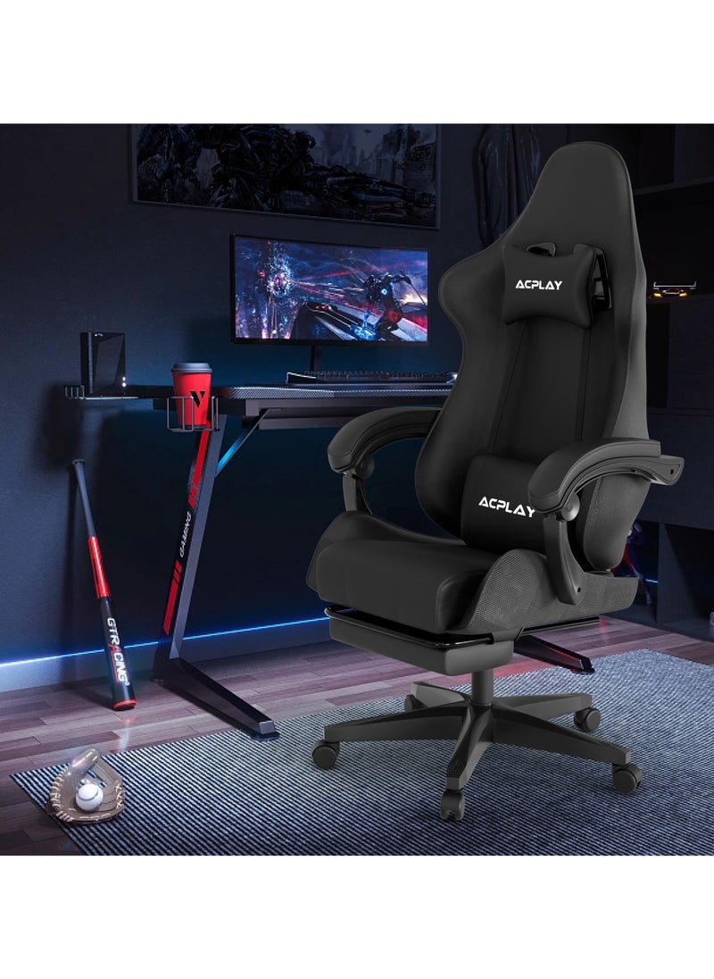 ACPLAY - Gaming Chair with Retractable Footrest, Ergonomic Design, High Back, Reclining Function, Height adjustible, Neck and Lumbar Support, Silent Casters - Ideal for Racing, Office, and Computer Use Black - Image 1