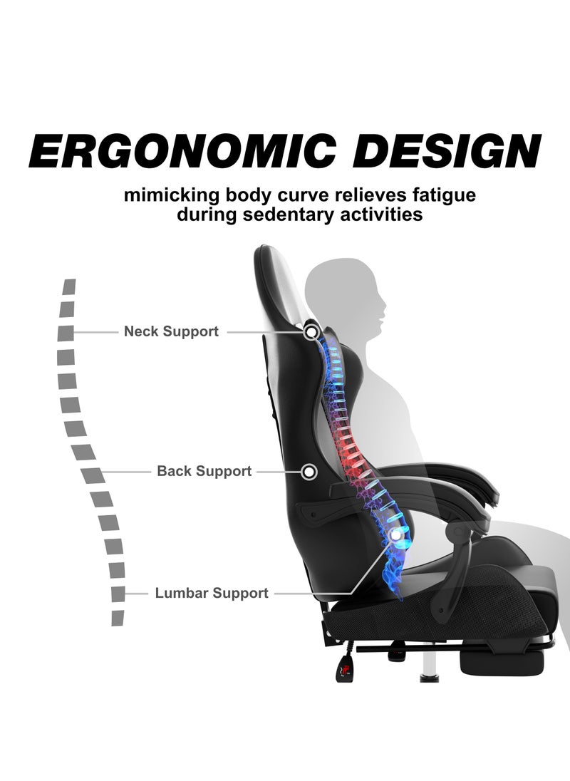 ACPLAY - Gaming Chair with Retractable Footrest, Ergonomic Design, High Back, Reclining Function, Height adjustible, Neck and Lumbar Support, Silent Casters - Ideal for Racing, Office, and Computer Use Black - Image 1