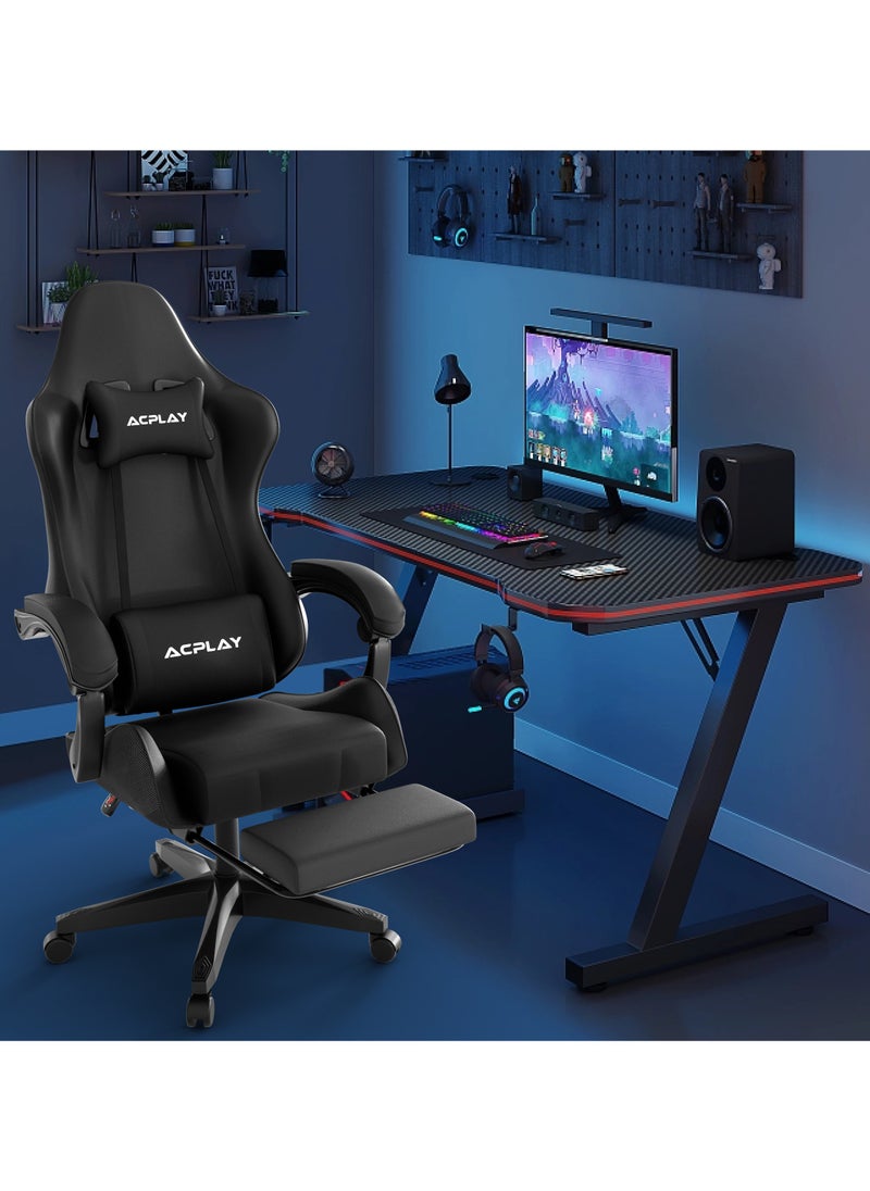ACPLAY - Gaming Chair with Retractable Footrest, Ergonomic Design, High Back, Reclining Function, Height adjustible, Neck and Lumbar Support, Silent Casters - Ideal for Racing, Office, and Computer Use Black - Image 1