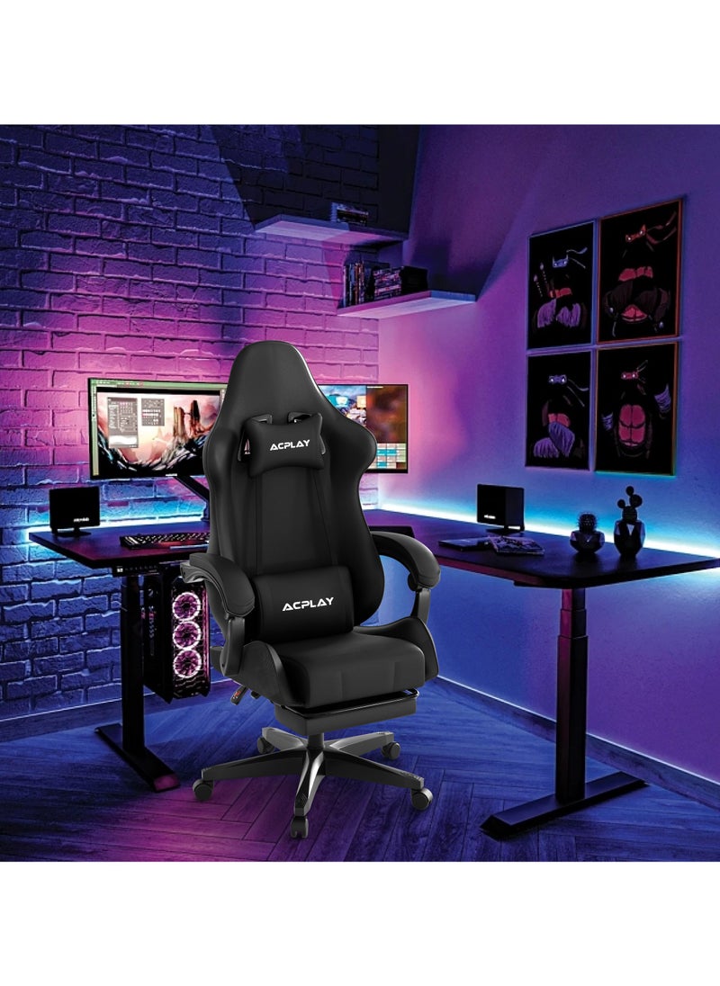ACPLAY - Gaming Chair with Retractable Footrest, Ergonomic Design, High Back, Reclining Function, Height adjustible, Neck and Lumbar Support, Silent Casters - Ideal for Racing, Office, and Computer Use Black - Image 1