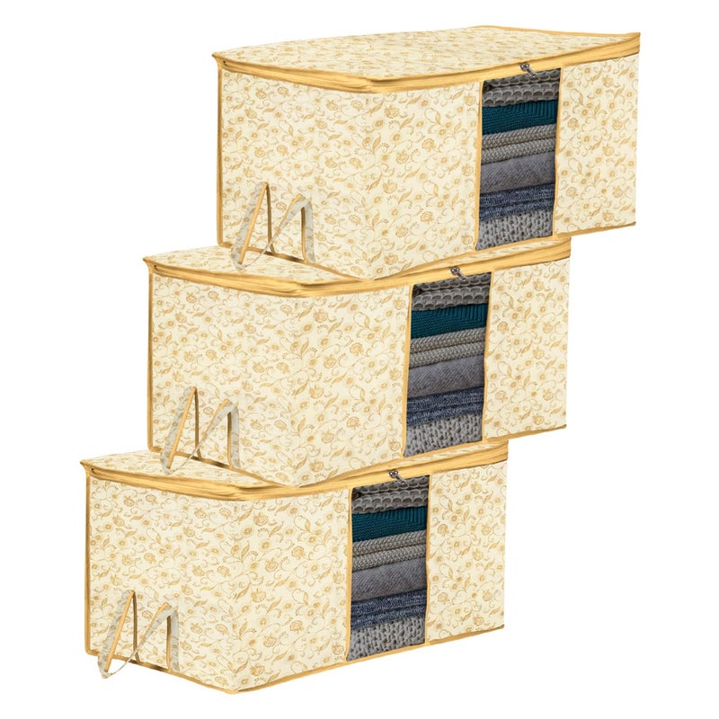 Kuber Industries Underbed Storage Bag Clothes Storage Bag Blanket Cover with Clear Window Zipper Closure Handle Cloth Organizer LeafDesign Large Pack of 3 Cream - Image 1