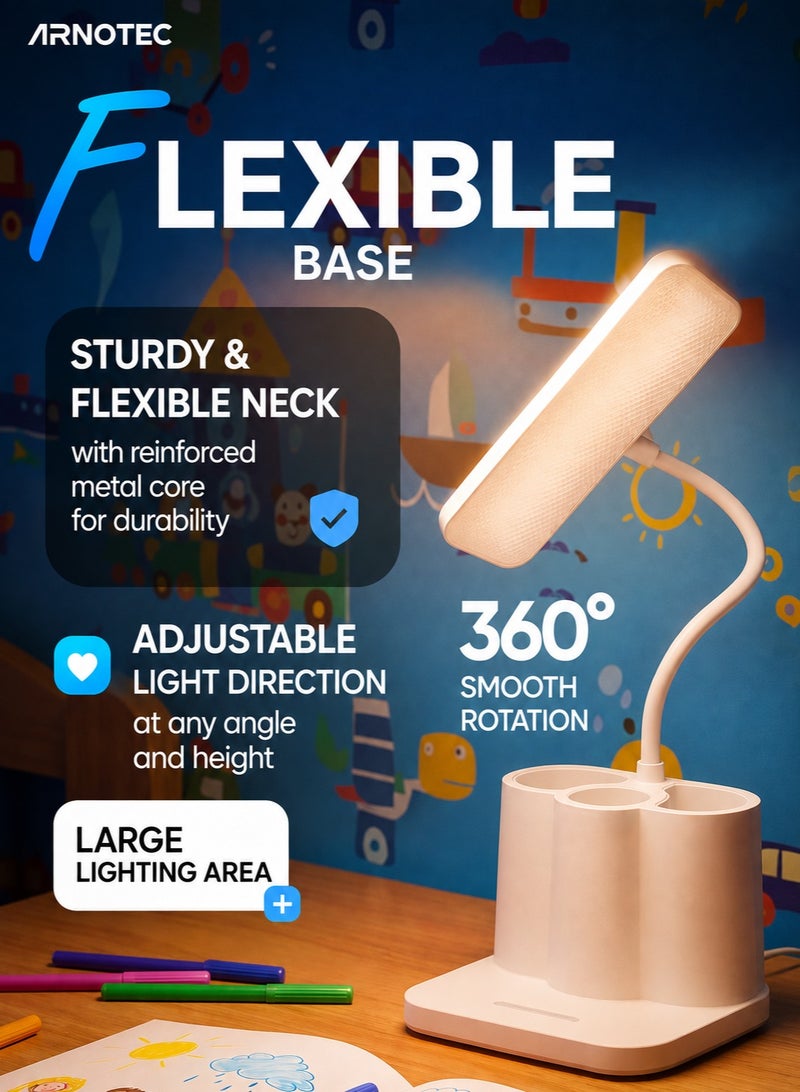 ARNOTEC مصباح مكتب LED مع حامل أقلام وحامل هاتف، مصباح طاولة صغير قابل لإعادة الشحن مع منفذ شحن USB، 3 أوضاع ألوان ودرجة سطوع قابلة للتعديل، ضوء دراسة مرن برأس متحرك للمكتب المنزلي، أبيض - Image 2