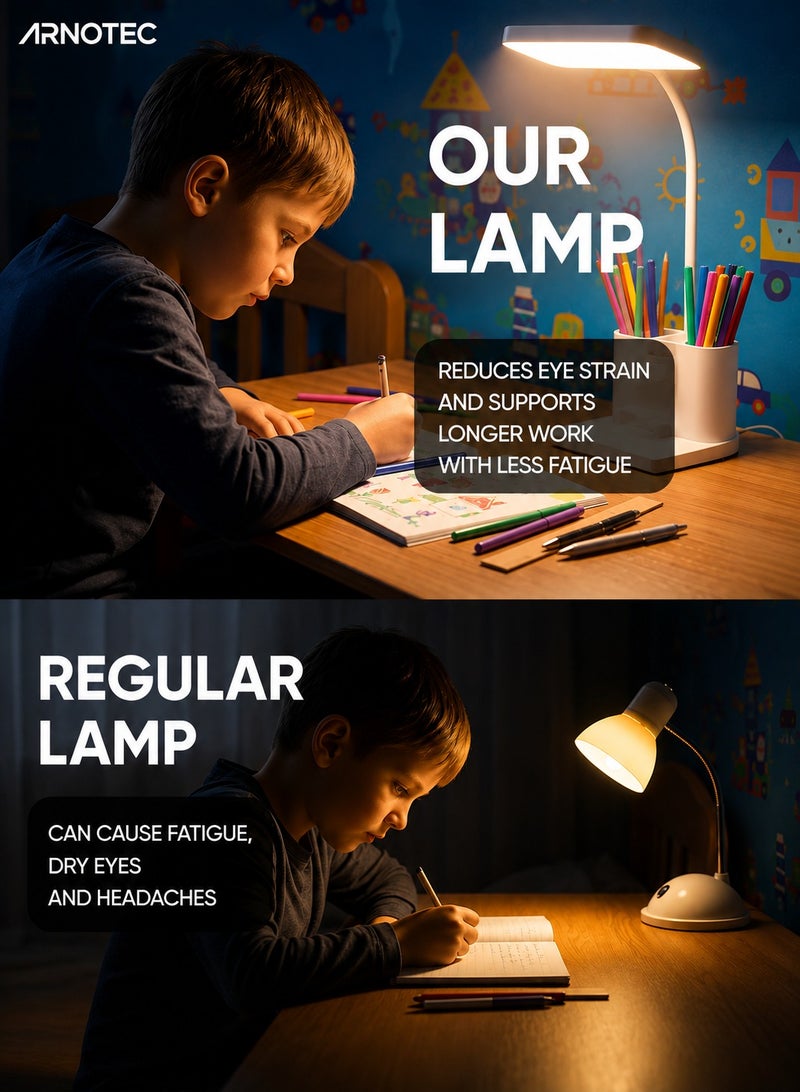 ARNOTEC مصباح مكتب LED مع حامل أقلام وحامل هاتف، مصباح طاولة صغير قابل لإعادة الشحن مع منفذ شحن USB، 3 أوضاع ألوان ودرجة سطوع قابلة للتعديل، ضوء دراسة مرن برأس متحرك للمكتب المنزلي، أبيض - Image 5
