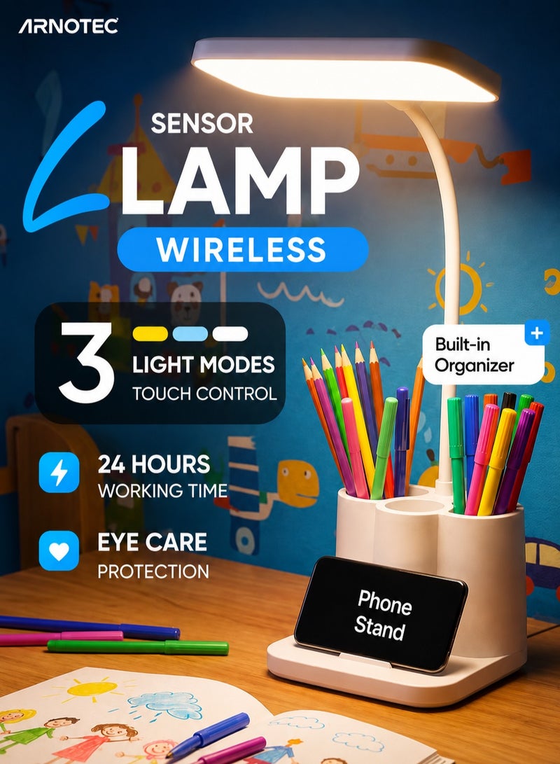 ARNOTEC مصباح مكتب LED مع حامل أقلام وحامل هاتف، مصباح طاولة صغير قابل لإعادة الشحن مع منفذ شحن USB، 3 أوضاع ألوان ودرجة سطوع قابلة للتعديل، ضوء دراسة مرن برأس متحرك للمكتب المنزلي، أبيض - Image 1